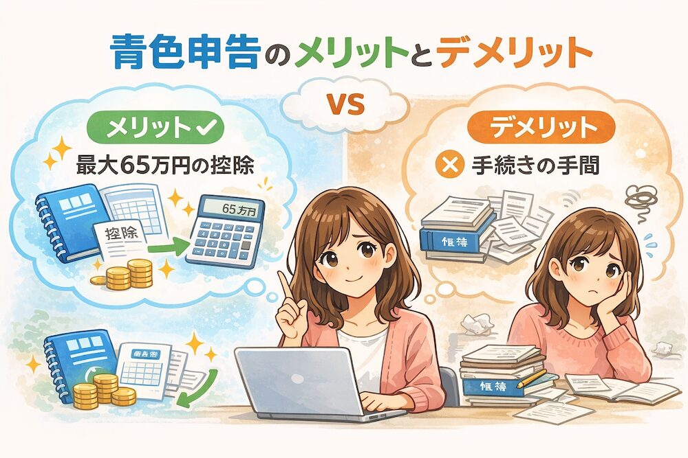 青色申告のメリットデメリットをイメージしたイラスト