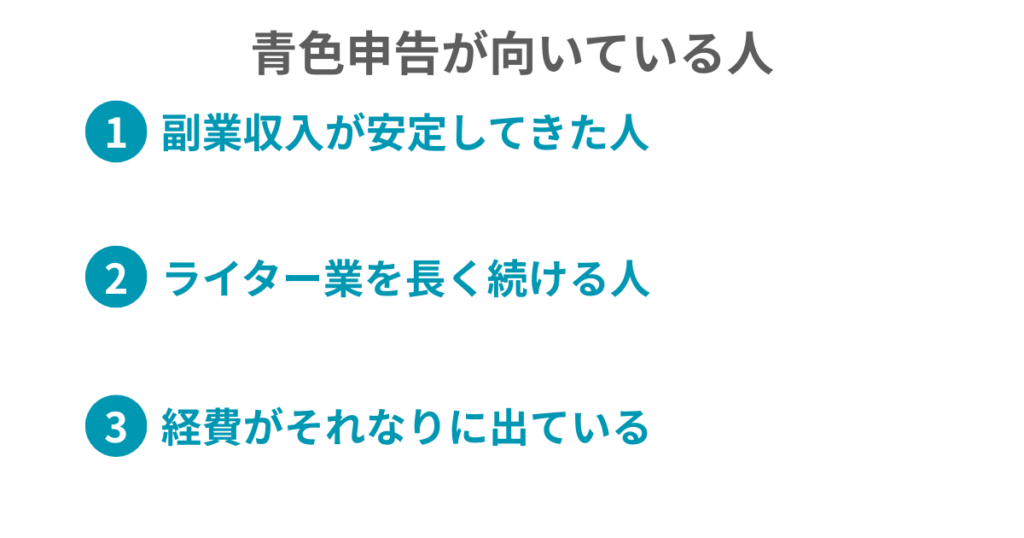 副業収入が安定してきた人

ライター業を長く続ける人

経費がそれなりに出ている人